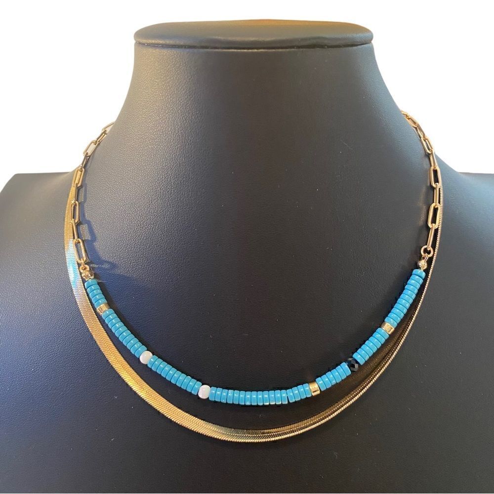 Herringbone Chain & Faux Turquoise Beaded Layer Necklace.